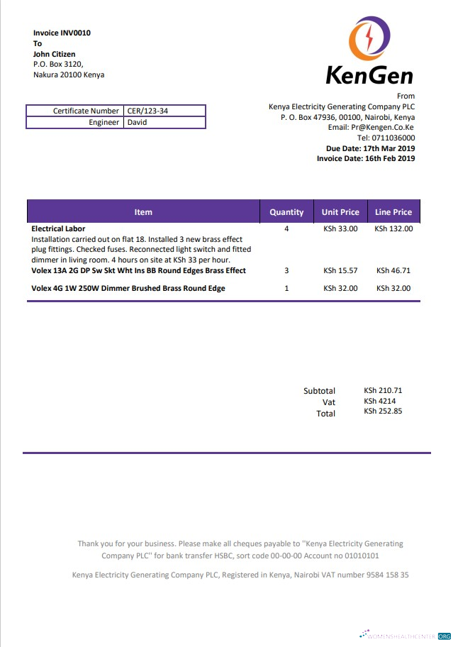 download Kenya KenGen Electricity Generating Company utility bill template in Word and PDF format PDF template
